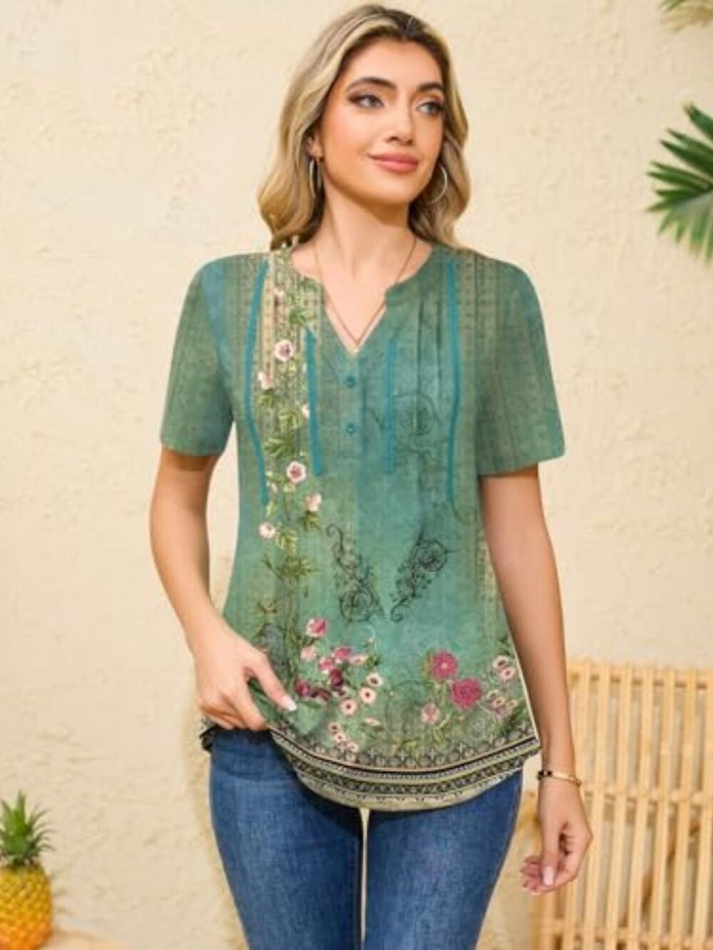 ๐ Short Sleeve Shirts for Women Pleated V Neck Lace Blouses Dressy Casual - Picture 3 of 7